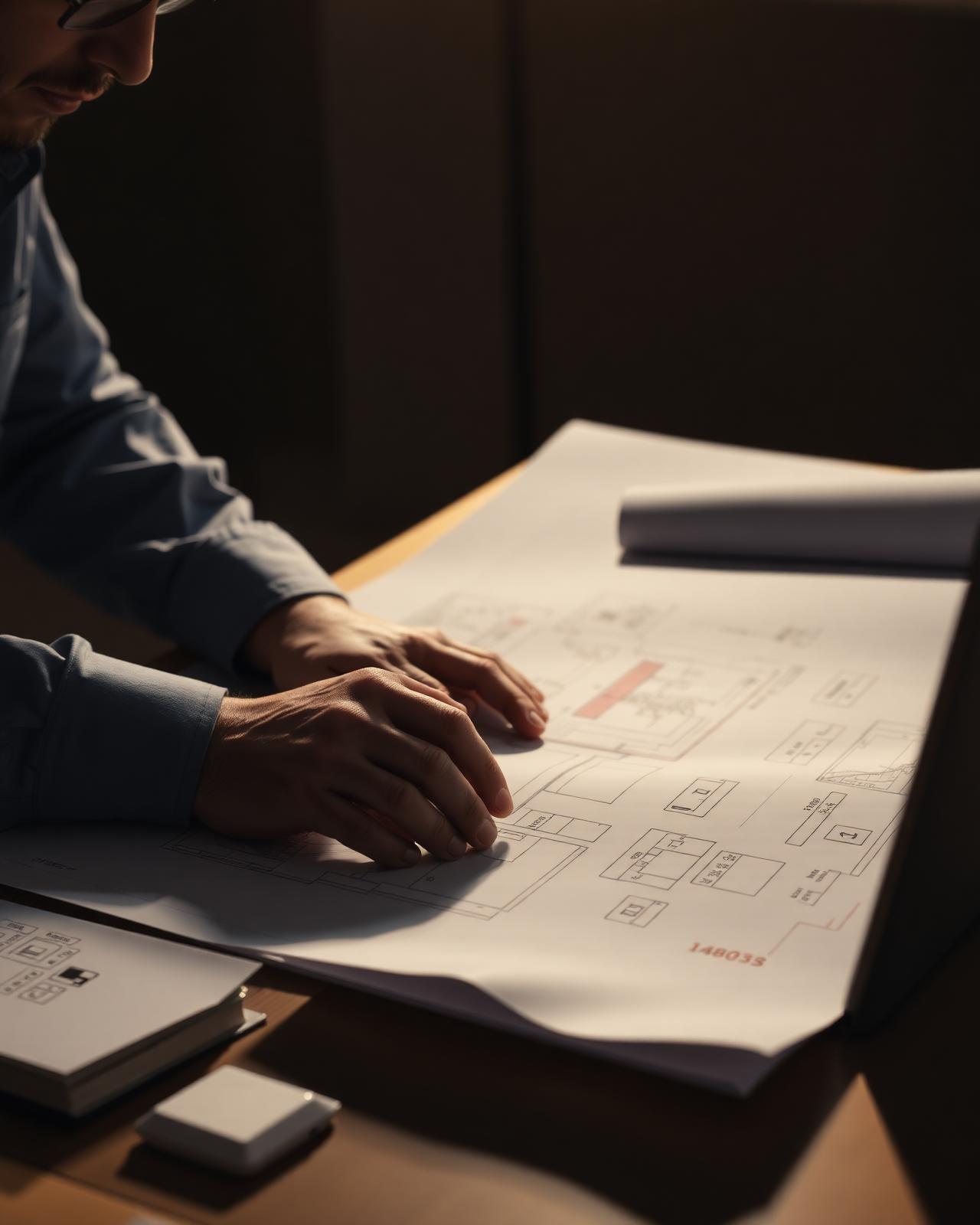 Architect reviewing blueprints